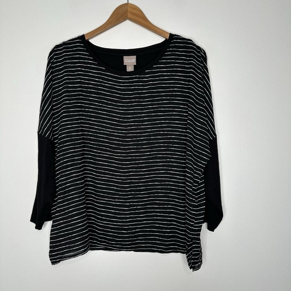 Chicos Dolman Sleeve Top Size L‎ Striped Black White Lined